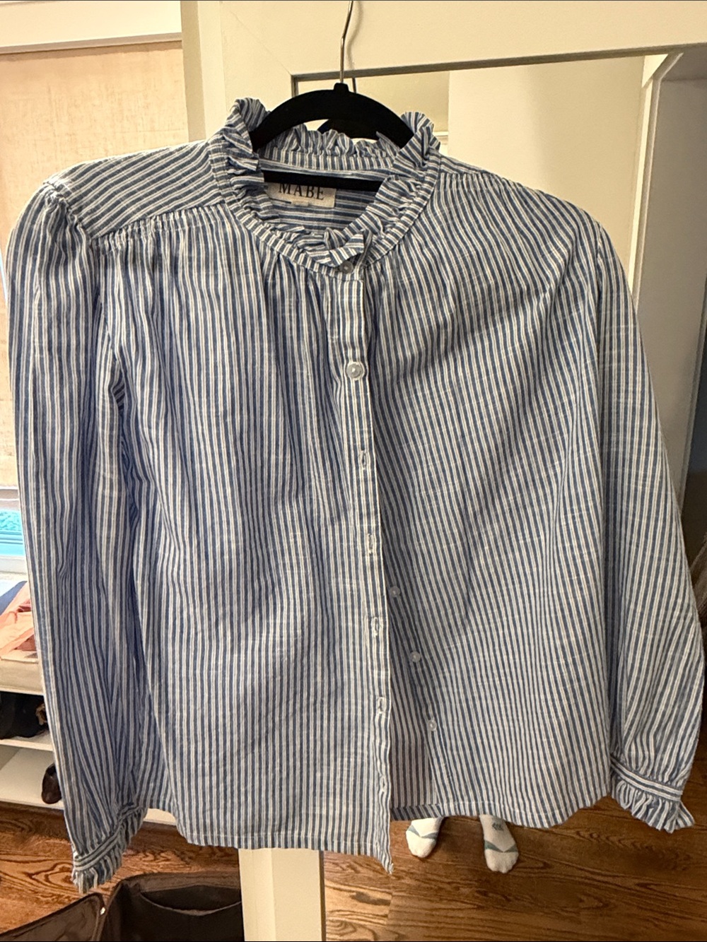 MABE Blue and White Striped Ruffle-Neck Button Down Shirt